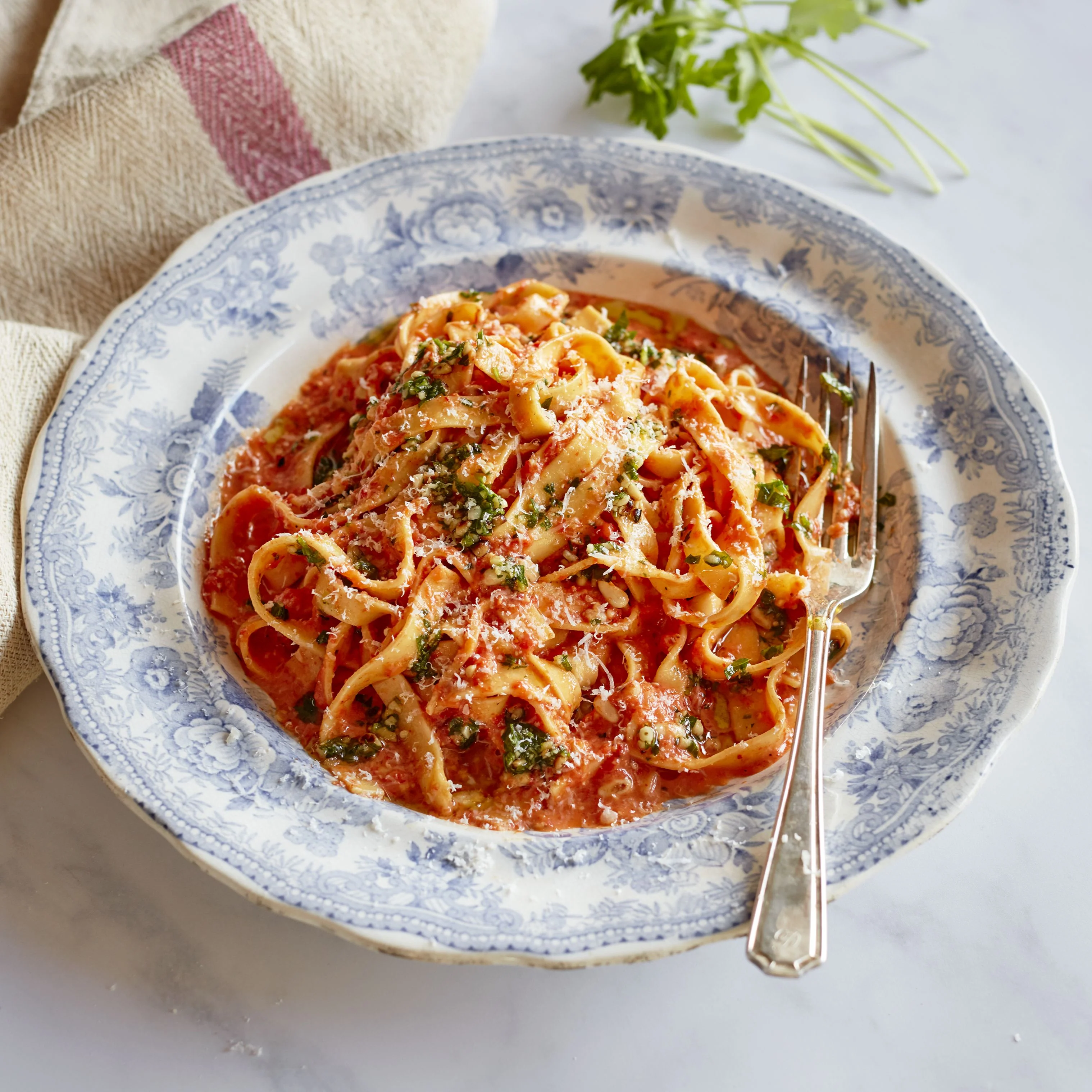 Fettuccine with Red Pepper, Mascarpone & Basil Oil