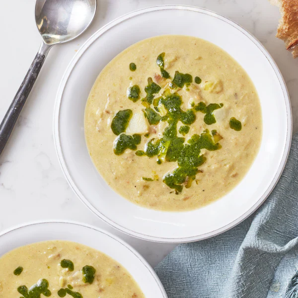 Tuscan Leek & Potato Soup with Chive Oil & Focaccia