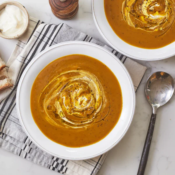 Roast Delica Pumpkin Soup with Crème Fraiche & Ciabatta